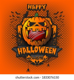Happy Halloween. Cricket ball inside frightening pumpkin. Cats, bats, spiders, trees, crosses. Design template for banner, poster, greeting card, flyer, party invitation. Vector illustration