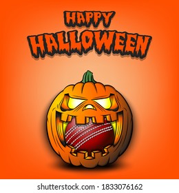 Happy Halloween. Cricket ball inside frightening pumpkin. The pumpkin swallowed the ball with burning eyes. Design template for banner, poster, greeting card, party invitation. Vector illustration