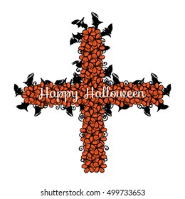 Happy Halloween. Cross flowered with silhouettes of bats. Vector illustration on a white background. Autumn holiday decor.
