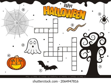 Happy Halloween crossword for kids. Children's holiday game with cartoon elements. Funny pumpkin, tree, ghost, spider, worm. Vector illustration for leisure