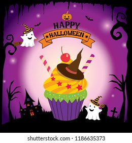 Happy Halloween cupcake with ghost on night background.