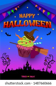 Happy Halloween with cupcake witch and typography on graveyard background.