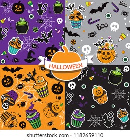 Happy Halloween cupcakes  with cute halloween elements seamless pattern collection