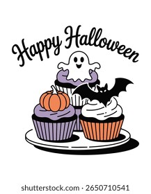 Happy Halloween Cupcakes with Ghost, Pumpkin, and Bat