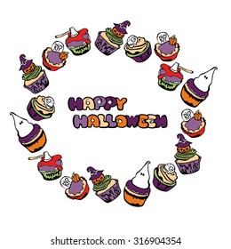 Happy Halloween. Cupcakes. Round frame - wreath.
