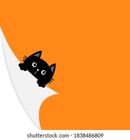 Happy Halloween. Curled Paper Corner. Black Cat Face Holding Fold Page Corners. Paw Print. Cute Cartoon Kawaii Funny Baby Animal Character. Greeting Card Template. Orange Background. Isolated. Vector