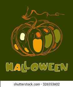 Happy Halloween cut out pumpkin banner. Dark green background.