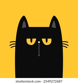 Happy Halloween. Cute angry sad cat face head. Yellow eyes. Funny kitten. Black silhouette icon. Cartoon funny baby character. Kawaii pet animal. Childish style. Flat design. Yellow background. Vector