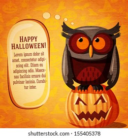 Happy halloween cute banner or greeting card on the craft paper texture with brown owl and speech bubble from her head for your text. On the background with witches, pumpkins, spiders, bats. 