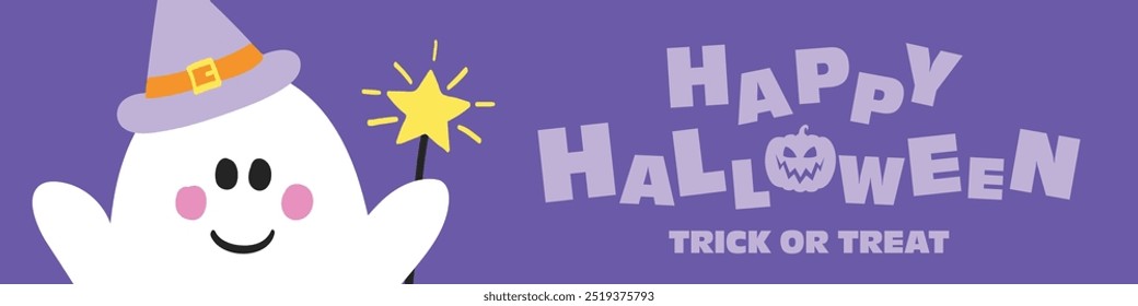 Happy Halloween. Cute banner with hand drawn ghost. Vector illustration
