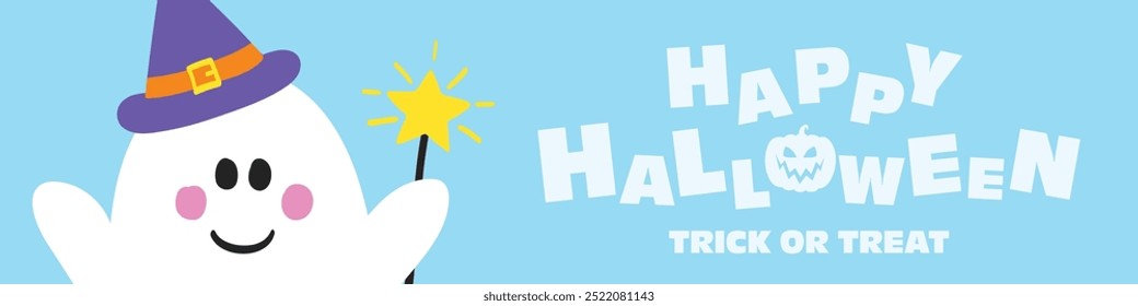Happy Halloween. Cute banner with hand drawn ghost. Vector illustration
