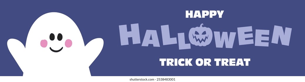 Happy Halloween. Cute banner with hand drawn ghost. Vector illustration