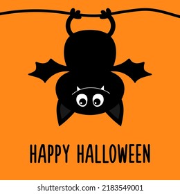 Happy Halloween. Cute bat hanging. Cartoon kawaii funny baby animal charater. Black silhouette. Greeting card. Flat design. Orange background. Isolated. Vector illustration.