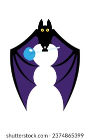Happy Halloween. Cute Bat holding in paws a sweet lollypop. Holiday traditional character with big open wings, eyes, ears. Minimalist stylized forest animal, flat vector illustration. Isolated