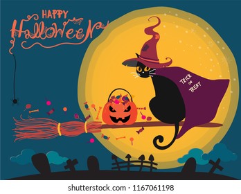 Happy Halloween cute black cat with witch hat and cape riding on a witch broom over the moon and cemetery