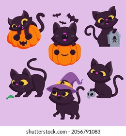 Happy Halloween with cute black cat cartoon character. Vector