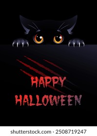 Happy Halloween. Cute black cat with red eyes on the black background. Vector illustration.