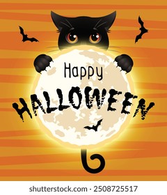 Happy Halloween. Cute black cat with red eyes hugs the full moon. Vector illustration.