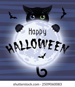 Happy Halloween. Cute black cat with eyes of different colors hugs the full moon. Vector illustration.