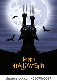 Happy Halloween. Cute black cat scratching the full moon. Vector illustration.