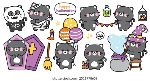 Happy halloween.Set of cute black cat in various poses halloween festival.Magic,poison,balloon,broom hand drawn.Witch.Skull.Dracula.Zombies.Night.Animal cartoon.Kawaii.Vector.Illustration.