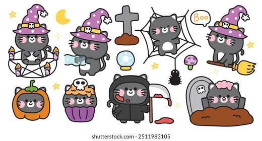 Feliz halloween.Conjunto de lindo gato negro en varias poses festival de halloween.Calabaza, magia, veneno, escoba, cupcake dibujado a mano.Witch.Skull.Devil.Zombies.Night.Animal cartoon.Kawaii.Vector.Illustration.