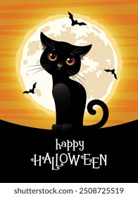 Happy Halloween. Cute black kitten on the background of the full moon. Vector illustration.