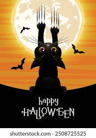 Happy Halloween. Cute black kitten scratching the full moon. Vector illustration.