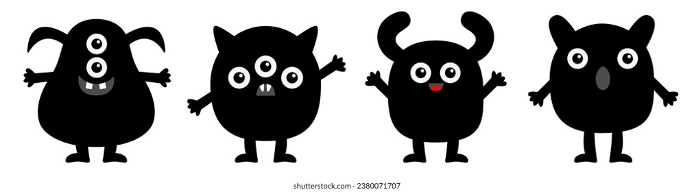 Happy Halloween. Cute black monster set line. Monsters with different emotions. Hands, legs. Funny face head. Cartoon kawaii boo baby character. Childish collection White background Flat design Vector