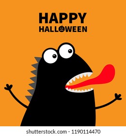Happy Halloween. Cute black silhouette monster face icon. Cartoon colorful scary funny character. Eyes, mouth showing tongue. Funny baby collection. Orange background Flat design. Vector illustration