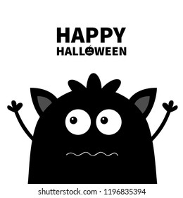 Happy Halloween. Cute black silhouette monster face icon. Cartoon colorful scary funny character. Eyes, ears, mouth, hair. Funny baby collection. White background. Flat design Vector illustration