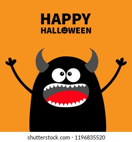 Happy Halloween. Cute black silhouette monster face. Cartoon colorful scary funny character. Eyes, tongue, horns, holding hands up. Funny baby collection. Orange background. Flat design. Vector