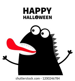 Happy Halloween. Cute black silhouette monster face icon. Cartoon colorful scary funny character. Eyes, mouth showing tongue. Funny baby collection. White background Flat design. Vector illustration