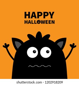 Happy Halloween. Cute black silhouette monster face icon. Cartoon colorful scary funny character. Eyes, ears, mouth, hair. Funny baby collection. Orange background. Flat design Vector illustration