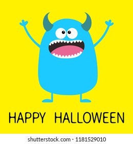 Happy Halloween. Cute blue monster icon. Cartoon colorful scary funny character. Eyes, tongue, horns, holding hands up. Funny baby collection Yellow background Isolated Flat design Vector illustration
