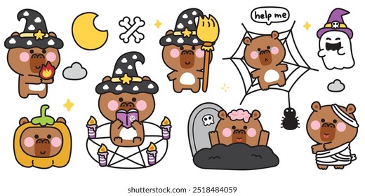 Feliz halloween. Conjunto de lindo capibara en varias poses festival de halloween. Calabaza, magia, tumba, araña dibujada a mano. Bruja. Zombies. Luna. Estrella. Noche. Dibujos animados de animales. Kawaii. Vector. Ilustración.