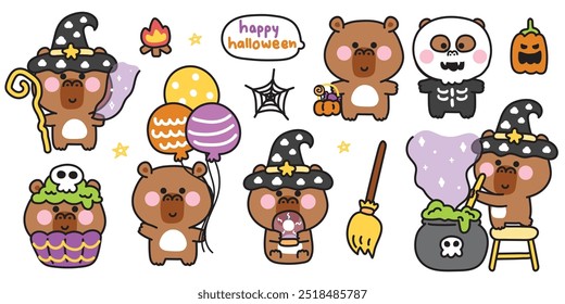 Feliz halloween.Conjunto de lindo capibara en varias poses festival de halloween.Cupcake, calabaza, magia, globo, Web de araña dibujado a mano.Witch.Star.Night.Animal cartoon.Kawaii.Vector.Illustration.