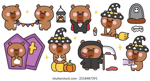 Feliz halloween.Conjunto de lindo capibara en varias poses festival de halloween.Ataúd, calabaza, magia, tumba dibujado a mano.Bruja.Diablo.Drácula.Estrella.Noche.Animales de dibujos animados.Kawaii.Vector.Ilustración.