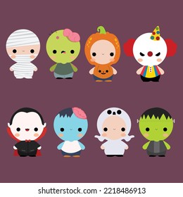 Happy halloween Cute cartoon characters, little ghosts ,Halloween graphic elements - pumpkins, ghosts, zombie and others. Hand drawn set. Vector illustration.