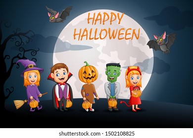 Happy halloween.Set of cute cartoon children in halloween costumes. Vector illustration