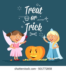 Happy Halloween. Cute cartoon children in colorful halloween costumee, snow queen and faerie. Flat illustration of halloween kids walking on night street