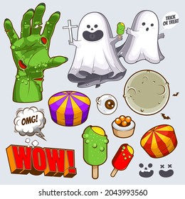 Happy Halloween, cute cartoon, collection set character design for illustration, banner, template background or website.