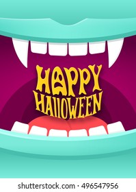 Happy Halloween cute cartoon illustration with open vampire mouth and modern typography. Halloween party poster vector background