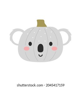 Happy Halloween cute cartoon pumpkin with koala face. Halloween party decor for children. Childish print for cards, stickers, invitation, nursery decoration. Vector illustration.