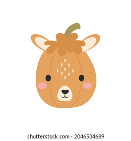 Happy Halloween cute cartoon pumpkin with alpaca face. Halloween party decor for children. Childish print for cards, stickers, invitation, nursery decoration. Vector illustration.