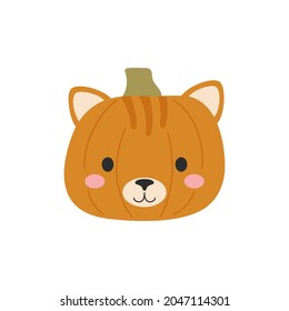 Happy Halloween cute cartoon pumpkin with cat face. Halloween party decor for children. Childish print for cards, stickers, invitation, nursery decoration. Vector illustration.