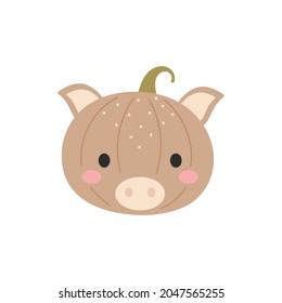 Happy Halloween cute cartoon pumpkin with pig face. Halloween party decor for children. Childish print for cards, stickers, invitation, nursery decoration. Vector illustration.
