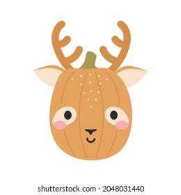 Happy Halloween cute cartoon pumpkin with deer face. Halloween party decor for children. Childish print for cards, stickers, invitation, nursery decoration. Vector illustration.