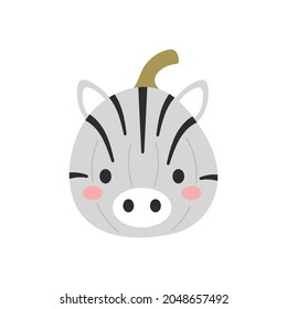Happy Halloween cute cartoon pumpkin with zebra face. Halloween party decor for children. Childish print for cards, stickers, invitation, nursery decoration. Vector illustration.