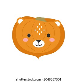 Happy Halloween cute cartoon pumpkin with lion face. Halloween party decor for children. Childish print for cards, stickers, invitation, nursery decoration. Vector illustration.